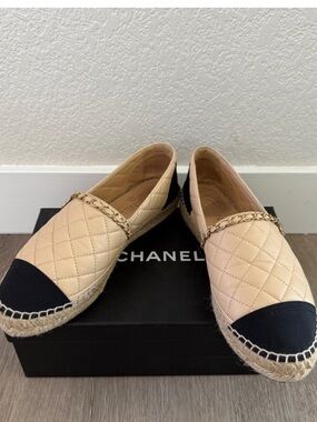 CHANEL Quilted Beige Leather Espadrilles with Black Cap Toe & Gold Chain